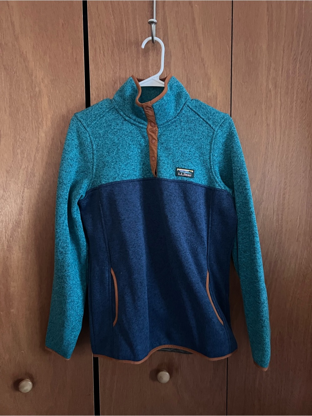 L.L. Bean Teal and Navy Women’s Snap-Placket Fleece Pullover